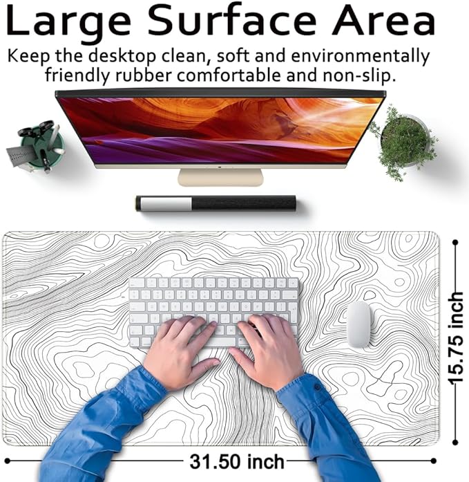 Mechanical Cattle Desk Mat Large Gaming White Mouse Pad Minimalist Topographic Map Desk Mat Extended XL Mousepad 31.5x15.7 in Anti-Slip Desk Pad Keyboard Mousepad Stitched Edges Large Mouse Pad Grey