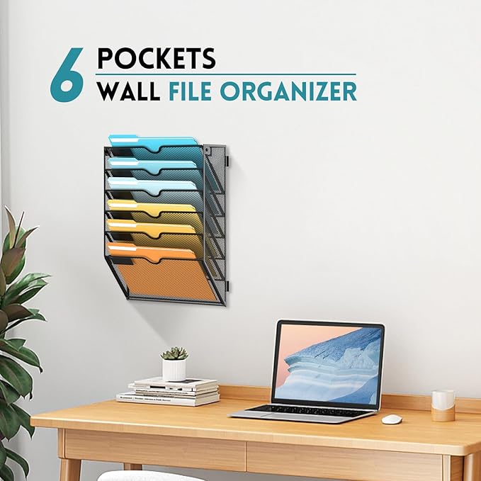 SUPEASY Wall File Organizer Mesh Office Mail Holder, Hanging Wall Organizer Magazine Rack for Office Black, 6 Tier