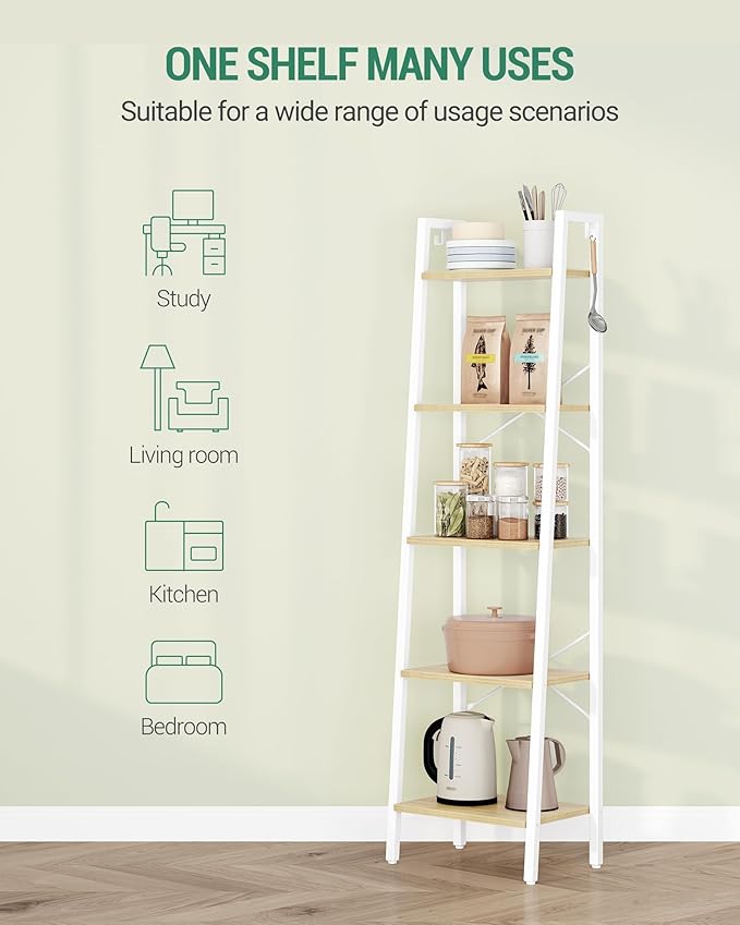 Hzuaneri Ladder Shelf, Bookshelf Bookcase, Freestanding Corner Storage Shelve with 2 Hooks for Home Office, Living Room, Kitchen, Bedroom, Industrial, 11.8" D x 17.3" W x 63" H, White Oak and White