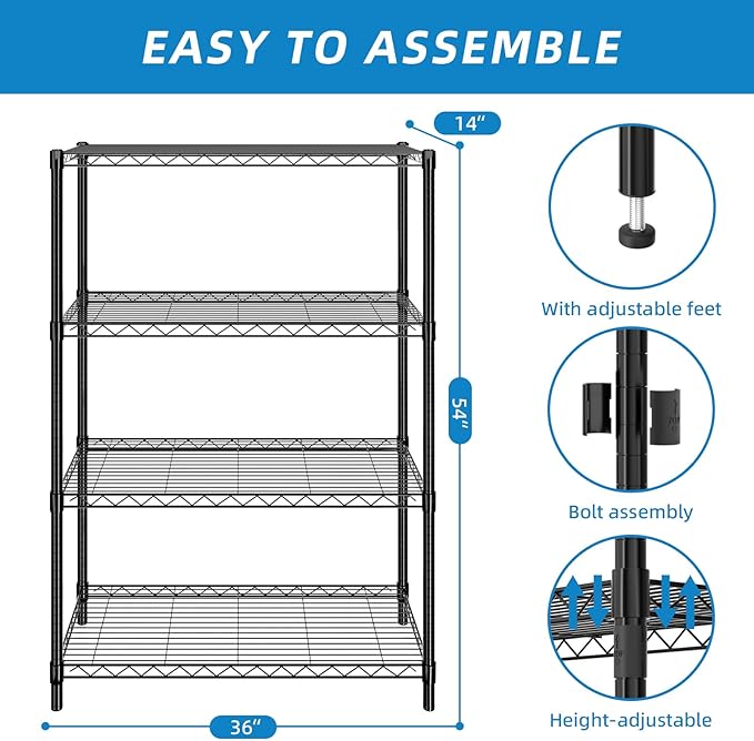 Guan River 4-Shelf Adjustable Metal Shelf Wire Shelving Unit Storage Rack Display Shelf for Office,Kitchen,Bedroom,Bathroom,Laundry,Pantry Basement,Garage(Black,36" L x 14" W x 54" H)