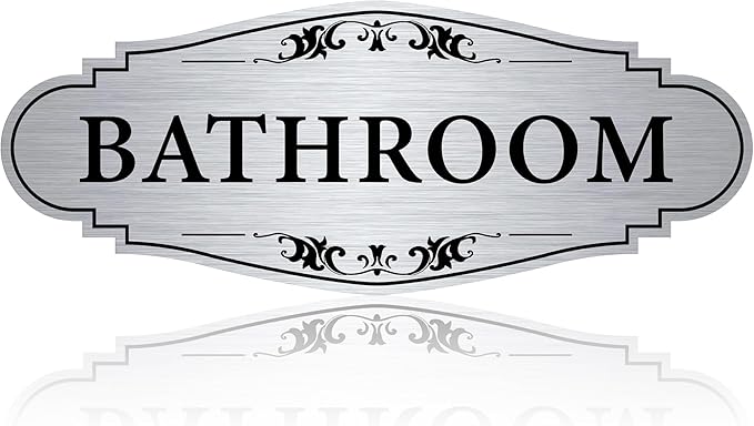 Bathroom Sign Sticker for Business and Home，Self-adhesive Brushed Silver Cute Bathroom Decor for Door，Waterproof Vinyl Restroom Sign for Home，Office，Shop（Silver）