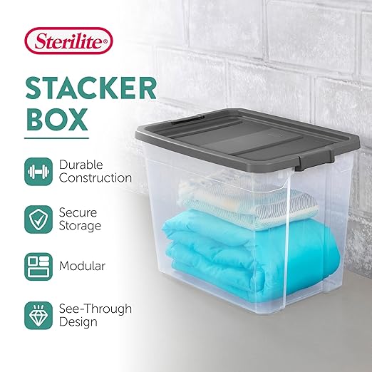 Sterilite 8-Pack Modular Stacker Box, Durable Clear Plastic Storage Bins with Latching Lids, 108 Quart - Stackable Organizing Container Boxes for Closet, Bathroom, and Office