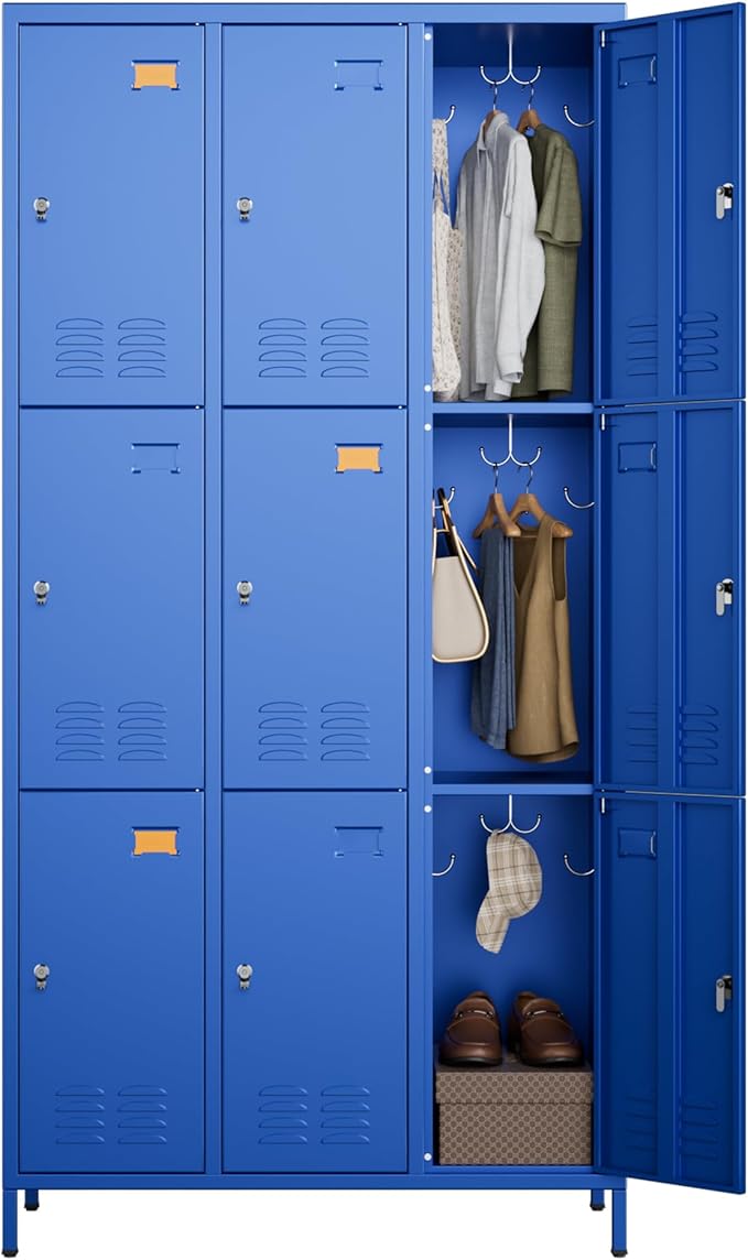 SUPEER 9 Doors Metal Locker for Employees with 27 Hooks and Business Card Holder,Metal Locker with Ventilation Holes for School Garage Office Gym Home,Assembly Required,Blue