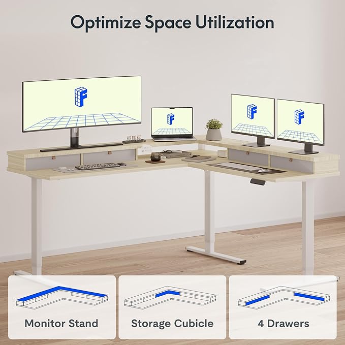 FLEXISPOT 71" L Shaped Standing Desk Electric Corner Table with Shelf, 4 Storage Drawers, Adjustable Computer Workstation for Home, Office, Game, Studio,Light Maple Top + White Frame