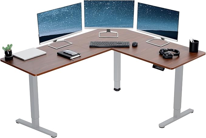 VIVO Electric Corner 63 x 55 inch L-Shaped Standing Desk, Memory Height Adjustment, Dark Walnut Top Gray Frame, DESK-E3CTGD