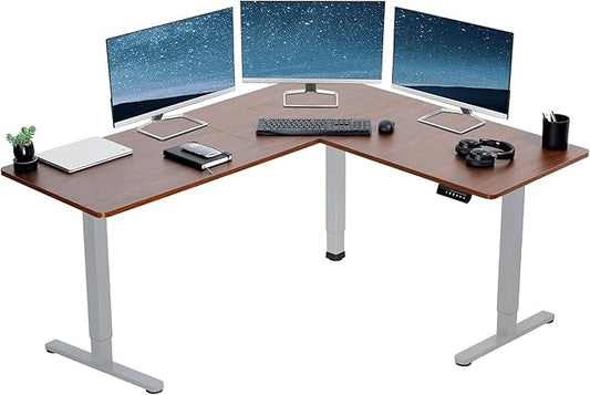 VIVO Electric Corner 63 x 55 inch L-Shaped Standing Desk, Memory Height Adjustment, Dark Walnut Top Gray Frame, DESK-E3CTGD