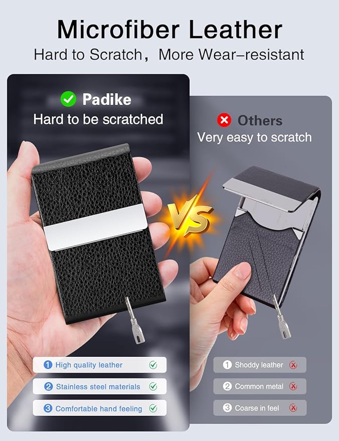 Padike Professional Business Card Holder PU Leather Business Card Case Name Card Holder Slim Metal Pocket Card Holder with Magnetic Shut (Black)