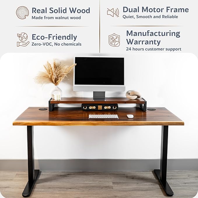 Standing Desk with Monitor Stand – Walnut Solid Wood Desk, Natural Live Edge, Adjustable Height Dual Motor, Sit Stand for Home Office (Black, W60 x D27)