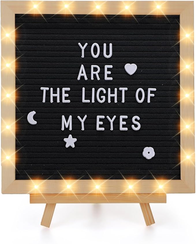 Changeable Felt Letter Board with LED Lights - 10×10" Message Custom Signs & Wood Stand & 450 Letters, Poster Board for Valentine's Day/Baby/Pregnancy Announcement/Classroom Wall Decor Gifts, Black