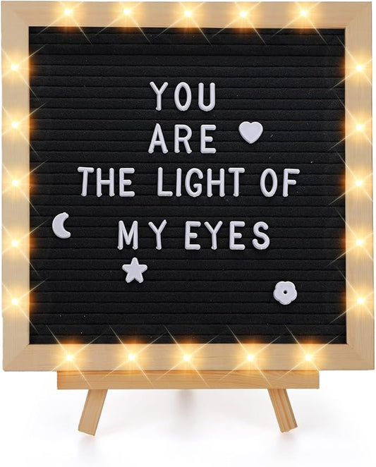 Changeable Felt Letter Board with LED Lights - 10×10" Message Custom Signs & Wood Stand & 450 Letters, Poster Board for Valentine's Day/Baby/Pregnancy Announcement/Classroom Wall Decor Gifts, Black