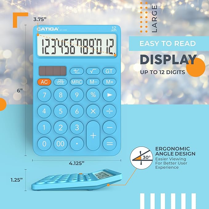 CATIGA 12 Digit Desktop Calculator Basic Desk Calculator with Large LCD Display, Big Buttons, 4 Function, Solar and Battery Dual Power, for Office, School, Home, SD-1292 Blue
