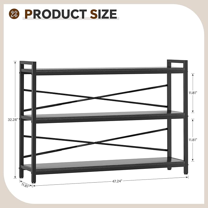 3 Tier Bookcase 47.24" Width, Long Industrial Book Shelf, Vintage Wooden Large Book Shelf for Home Living Room Bedroom Office Storage(Black)