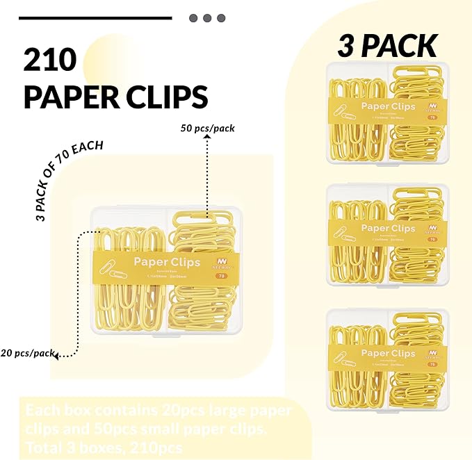 NEEWAY Colorful Paper Clips Assorted Sizes, Small and Large Paper Clips, 210 Count, 3 Pack of 70 (Yellow)