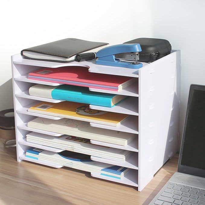 SONGWAY File Organizer for Desk - 7 Tier Wide Document Holder, Letter Mail Tray Storage Rack, A4 Paper Storage Holder, Desktop Organizer for Home Office School, White