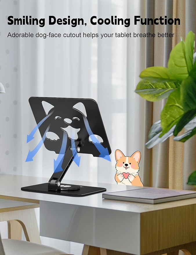Aoviho Adjustable Tablet Stand for iPad - 360° Rotating Aluminum Desk Holder, Foldable Stable Stand for iPad Pro 12.9/11,Home Office & Travel,Great Gift for Mom & Teens, Black