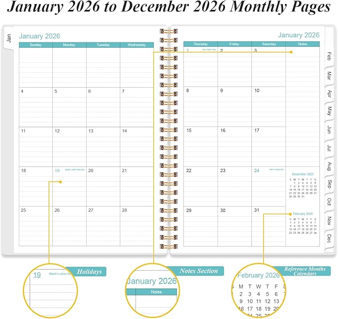 2026 Daily & Monthly Planner - One Page Per Day, Daily Planner 2026 from January 2026 to December 2026, Planner 26 with 12 Monthly Tabs, 6.4" x 8.5", Rose Leaf
