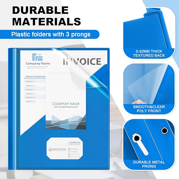 Teling 48 Pcs Clear Front Report Covers with 3 Prongs, Plastic Blue Presentation Folders Bulk with 3 Pockets for A4 and Letter Size Paper, 90 Sheet Capacity, Document Covers for School Business