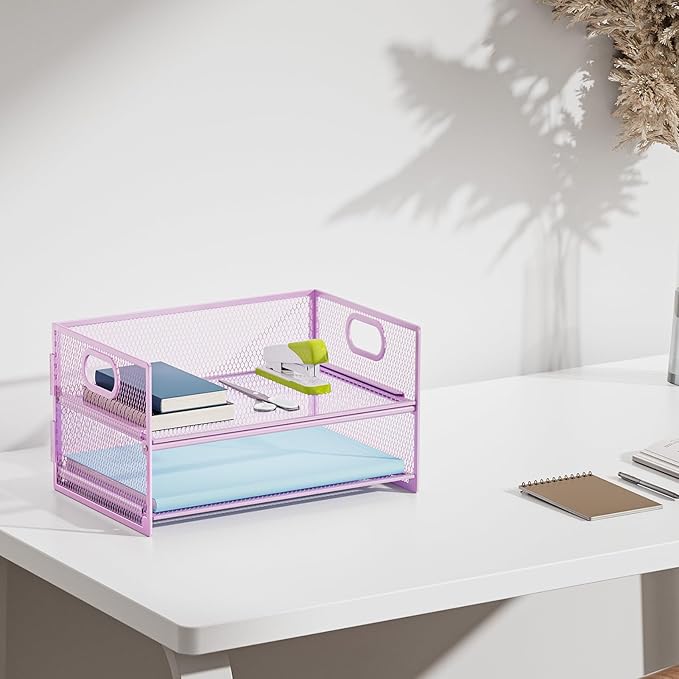 Marbrasse 2 Tier Paper Organizer Letter Tray, Mesh File Organizer with Handle, Paper Sorter Desk Organizer for Home Office Supplies - 2P Purple