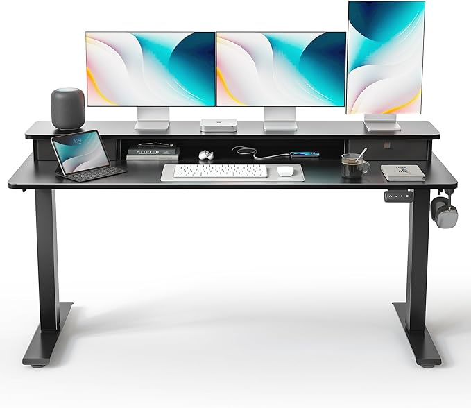 FEZIBO 60 x 24 Inch Height Adjustable Electric Standing Desk with Double Drawer, Stand up Home Office Computer Desk with 4 Height-Adjustable Feets & 2 Hooks, Black
