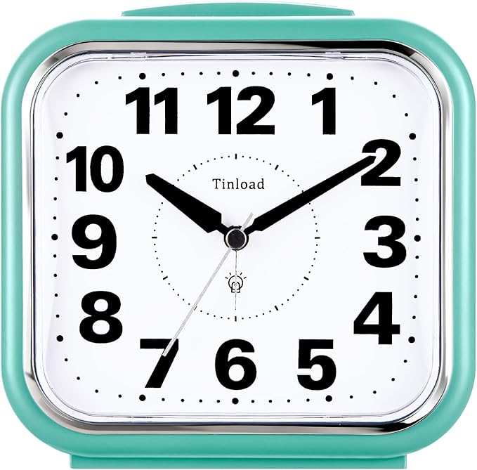 Tinload 5.5" Large No Ticking Analog Alarm Clock,Silent Readable for Seniors,Easy to Set,Gradual Rise Alarm,Big Numbers,Gentle Wake,Snooze, Lighted on Demand,Battery Operated,Green