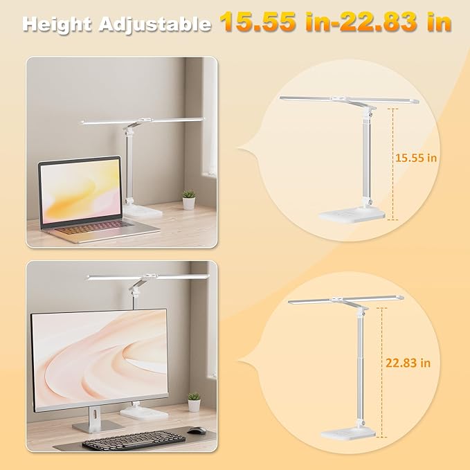 LED Desk Lamp for Office Home, Height Adjustable Architect Desk Light with USB Adapter, Stepless Dimming 50 Lighting Modes, Eye Caring Double Head Computer Desk Lamp for Reading, Study, Workbench