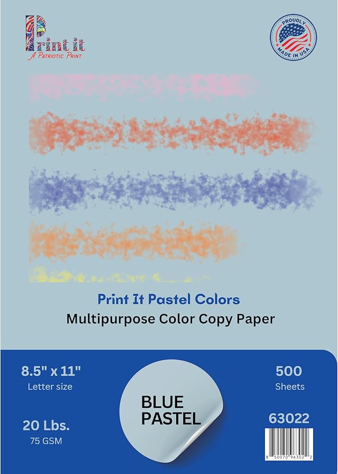 Printit Colors Multipurpose Paper, 20 lbs., 8.5" x 11", Blue, 500 Sheets/Ream – Premium Colored Copy Paper for Printing, School, and Office Use