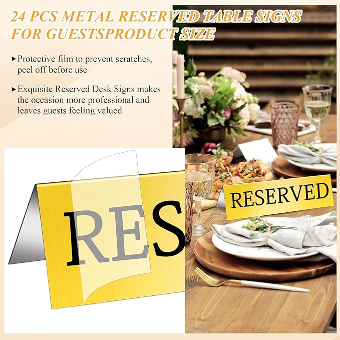 Aemygo 24 Pcs Metal Reserved Table Signs, Golden Table Top Reserved Sign for Restaurants, Double Sided Tent Guest Reservation Table Seat Sign for Wedding, Party, Ceremony, Events(5.91" x 3.15")