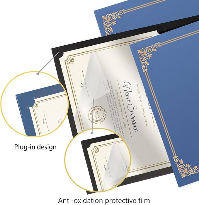 15 Pcs Certificate Holders 8.5 x 11 Additional 15 Pcs Plastic Film, Diploma Covers Gold Foil Border Certificate Holder for Letter Size 8.5x11 Cardstock,Certificates,Document Papers (Blue, 15 Sets)