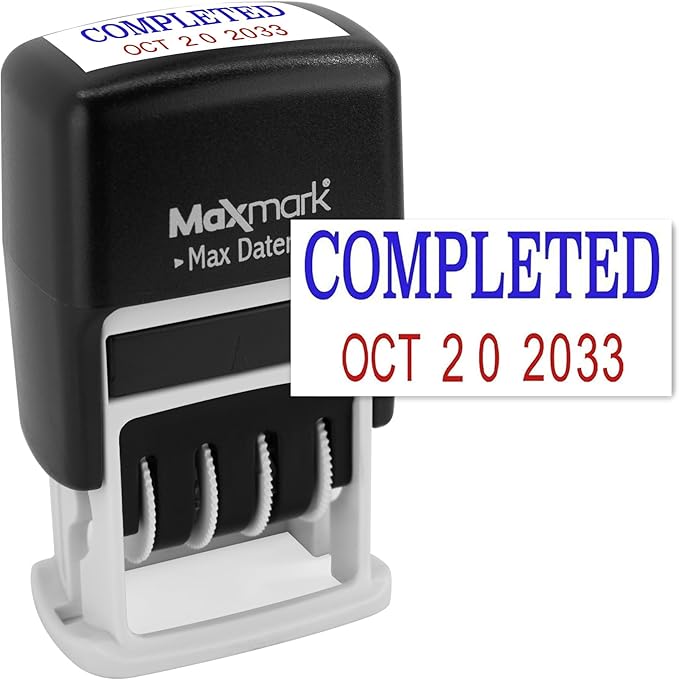 MaxMark Self-Inking Rubber Date Office Stamp with Completed Phrase Blue Ink & Date RED Ink (Max Dater II), 12-Year Band
