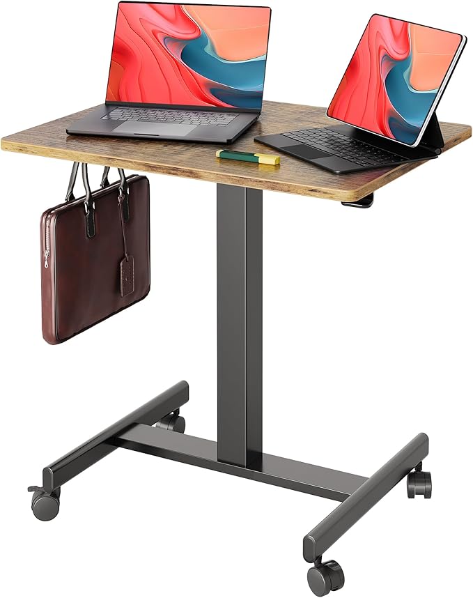 YDN Mobile Mobile Standing Desk with Lockable Wheels, Adjustable Height Portable Laptop Desk, 25.5" x 18.8" Rolling Desk with Hook for Computer Workstation, Rustic Brown