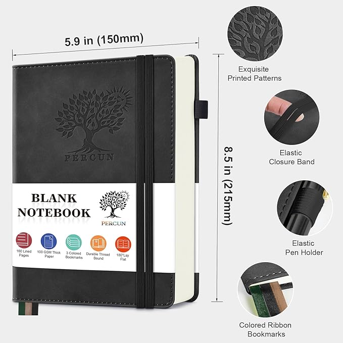 PERCUN Blank Journal Ntebook for Men & Women, 160 Pages Blank Journals for Writing, Drawing,Sketch Book,5.9" x 8.5" Leather Sketchbook, Unlined Notebook for Work, School, Art (Black)