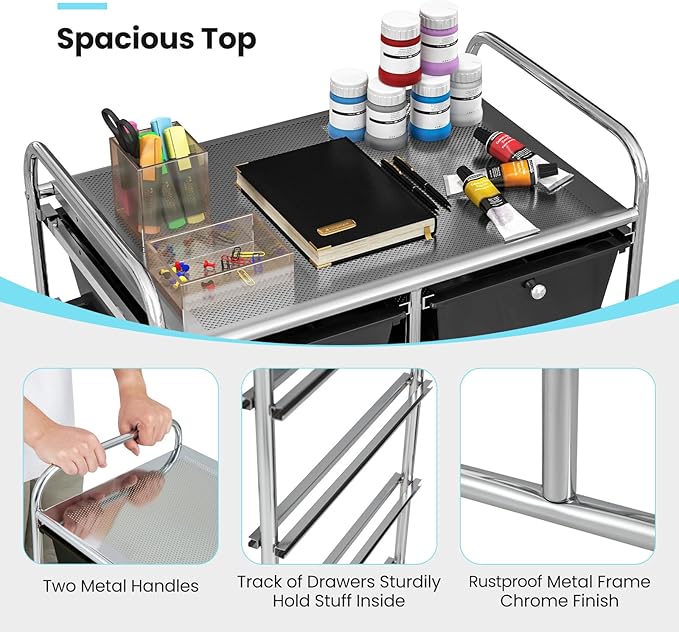 GLACER 10 Drawer Rolling Cart, Storage Cart with Lockable Whieels & Metal Frame, Trolley for Art Craft Oganizer, Mobile Utility Cart for Office, School, Classroom, Kitchen (Black)