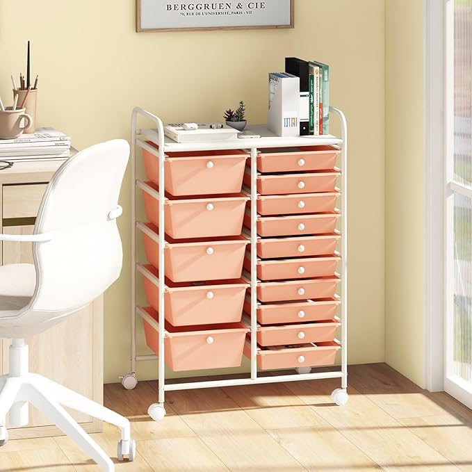 COSTWAY 15-Drawer Rolling Storage Cart, Mobile Utility Cart with Heavy-duty Frame & Lockable Wheels, Multipurpose Storage Organizer for Tools, Paper, Home, Office, School, Peach