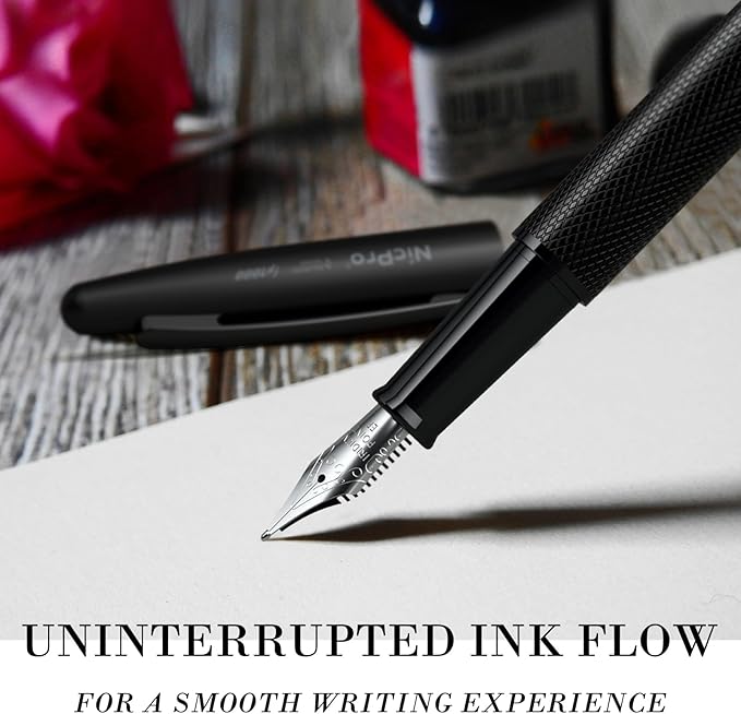 Nicpro Fountain Pen Set with Box, Classic Black Fancy Pen with Converter, 0.38mm Extra Fine Nib Smooth Writing Calligraphy, Office, Business, Luxury Pen