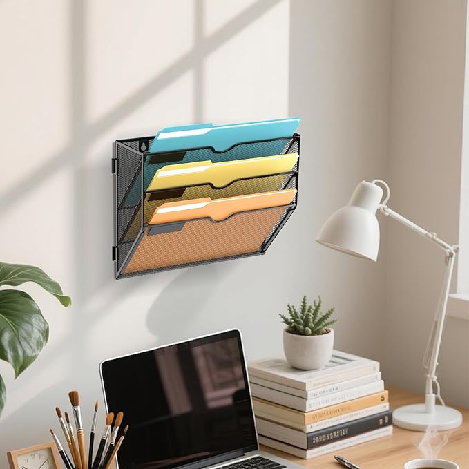 SUPEASY Wall File Organizer Mesh Office Mail Holder, Hanging Wall Organizer Magazine Rack for Office Black, 3 Tier