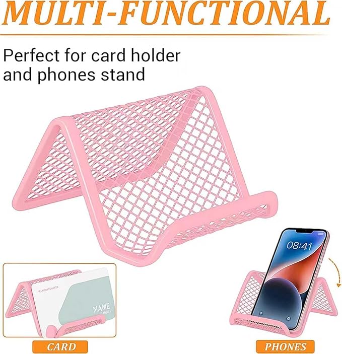 EMOMAS Business Card Holder for Desk, Office Desktop Business Card Display Holder, Mesh Business Card Holder, Desk Accessories for Women and Men, Pink(6 Pack)