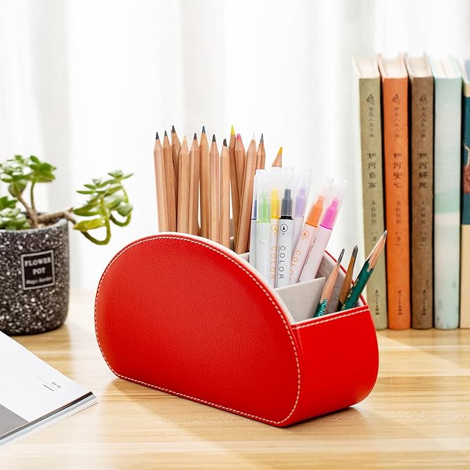 BONNY DODO Remote Control Holders Organizer Box with 5 Compartment PU Leather Multi-functional Office Desk Storage Caddy Store Tv Remote for Media Player,Brush,Pencil,Glassees&Office Supplies (Red)