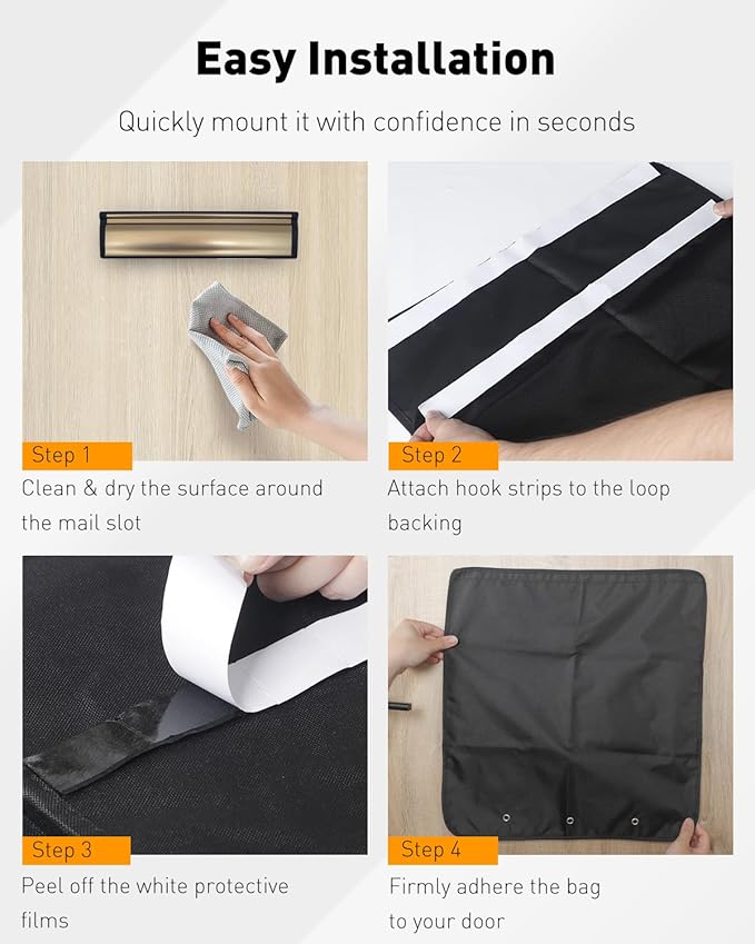 Uniclife Black Door Mail Slot Catcher Oxford Fabric Large Capacity Letter & Package Holder with Hook and Loop Fasteners, Indoor Front Door Post Catcher for Magazines, Small Parcels & Envelopes
