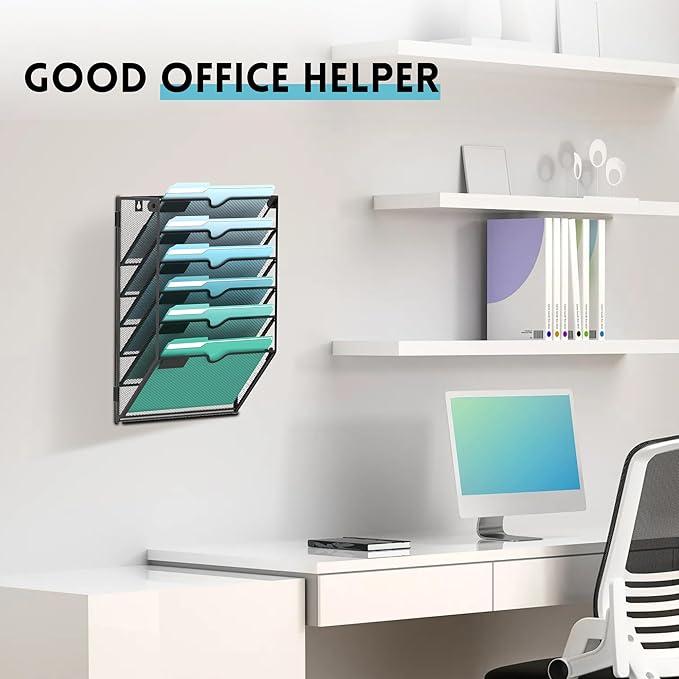 SUPEASY 6-Tier Wall File Organizer, Hanging Wall Files for Papers, Folders, Magazines, Wall Organizer for Clipboard, Assembly Needed, Black