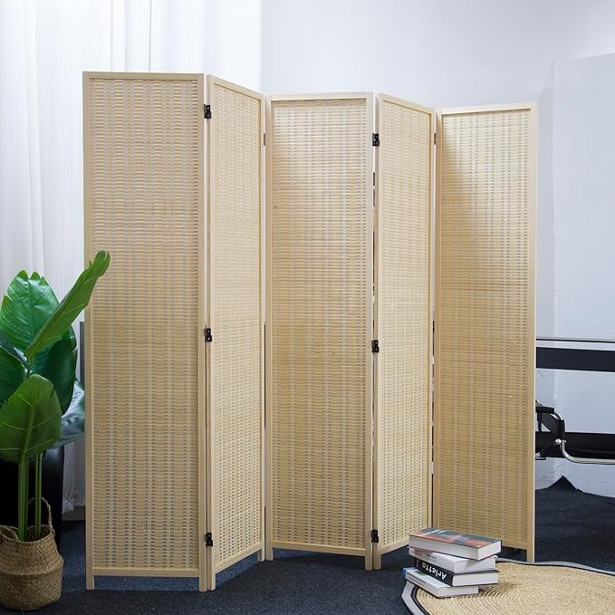 Furnnylane 5 Panel Room Divider and Folding Panel Screen,Bamboo Panel Divider Screen for Room Separation,Beige,67" H x 76.75" W