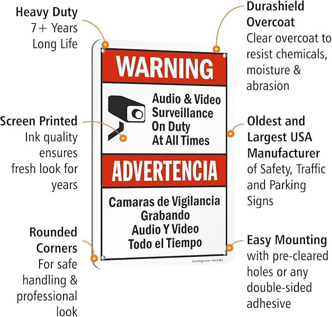 SmartSign 2-Pack 'Warning Audio And Video Surveillance On Duty At All Times' Bilingual Sign - 7" x 10", 40 mil Laminated Rustproof Aluminum Metal, Red, Black and White, Fade-Resistant, Made in USA