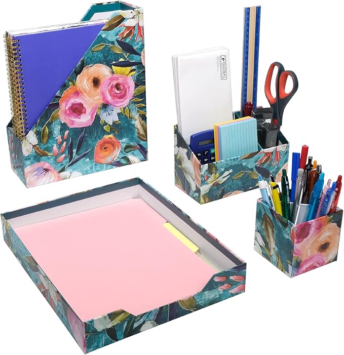 Global Printed Products Designer Printed Desk Organizer Set, Includes Letter Tray, Folder Stand, 3-Section Organizer, Pen Holder - Floral