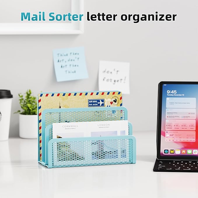 Marbrasse Mail Organizer for Desk, 3-Slot Mesh Metal Mail Holder countertop, Letter Holder, Office Desktop Envelope and Document Storage Rack (Blue)