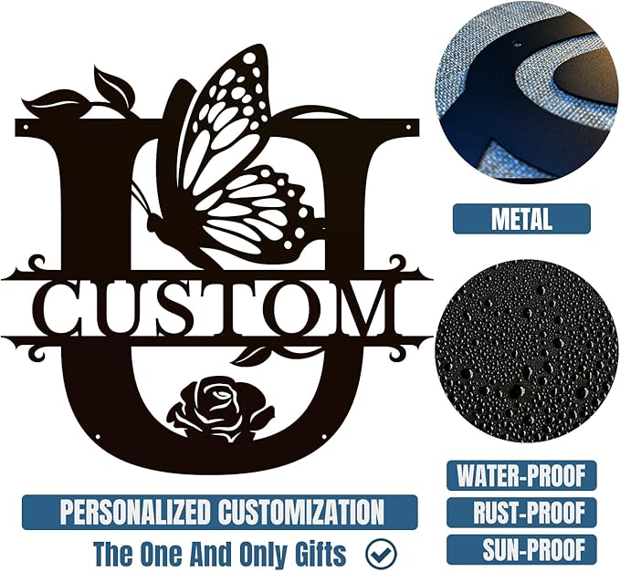 Personalized Custom Letter Name metal Signs,Custom Black Letter Monogram Wall Art Decor,Metal Signs Plaques Outdoor wall Decorative Signage (U)