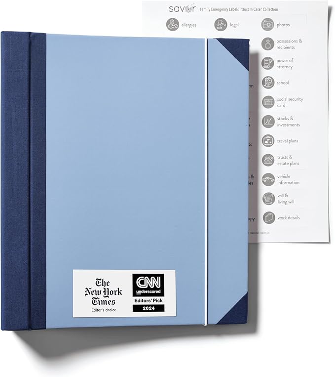 Savor | The Folio™ Document Organizer 2025 Edition | Acid-Free Custom Dyed Cloth-Bound Accordion File Organizer w/ 10 Expandable Pockets | File Folders for Home Organization & Graduation Gift (Blue)