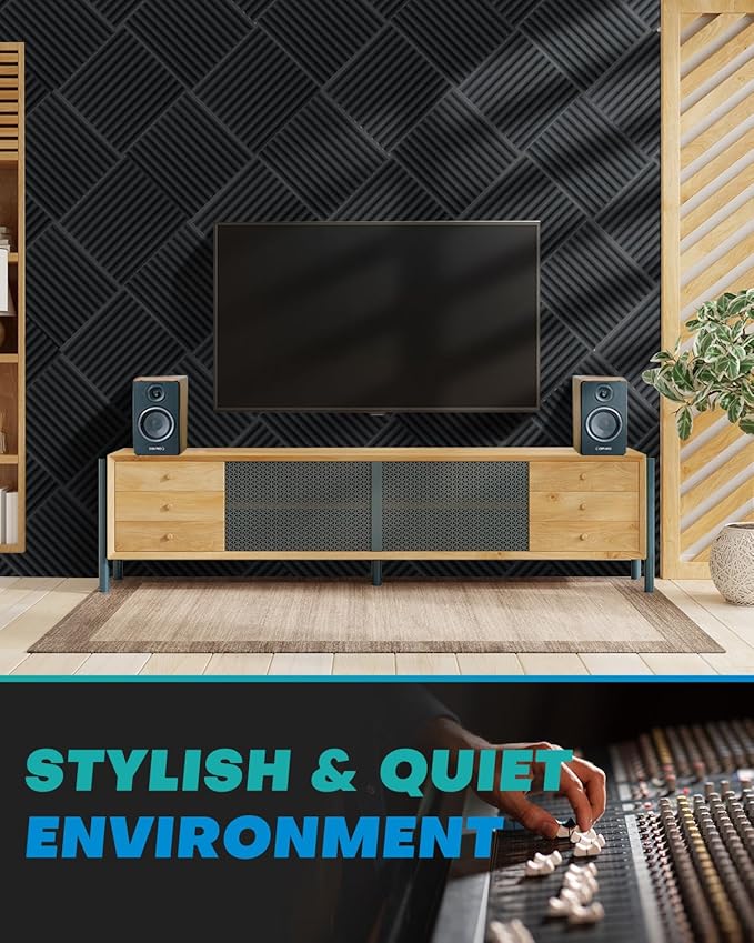 Knightsacoustic 96 Pack Sound Proof Foam Panels for Walls, 1 X 12 X 12 Inches Acoustic Foam Panels, High Density Acoustic Panels Sound Absorbing, Black Noise Cancelling Studio Wedges(NOT ADHESIVE)