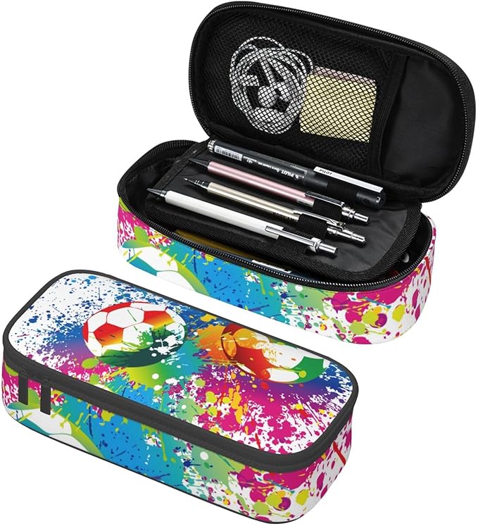 Colorful Soccer Pencil Case Big Capacity Storage Pencil Pouch Stationery Bags With Zipper Portable Pen Holder Box Organizer For Boys Girls Teens Student College School Office Supplies