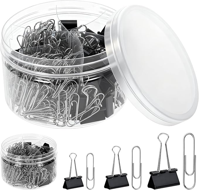 370 PCS Paper Clips and Binder Clips Set – Assorted Sizes Metal Clips (28-50mm Paper Clip + 15-25mm Binder Clip), Office Supplies for Home School