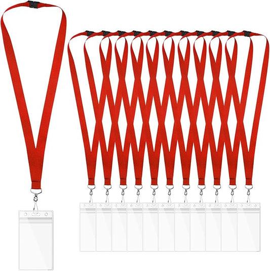 12 Pack Red Breakaway Lanyards with Waterproof Badge Holders, Polyester Neck Straps for ID Cards, Events, Office, and Schools