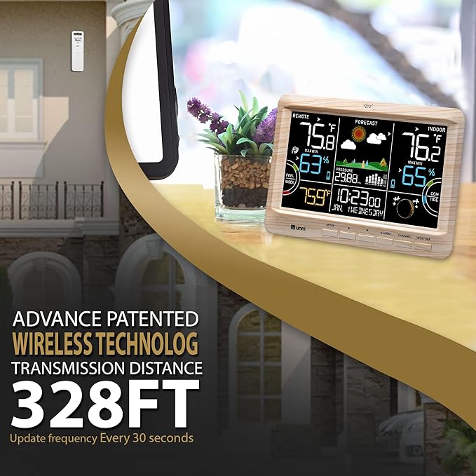 Weather Station Indoor Outdoor Thermometer Wireless, Home Atomic Clock with Large Constant Display, Inside Outside Temperature Humidity Monitor, Dew Heat Point, Barometer Wood
